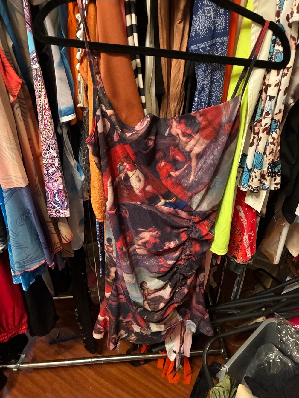 Ruched Satin Slip Dress with Renaissance Print - Multi